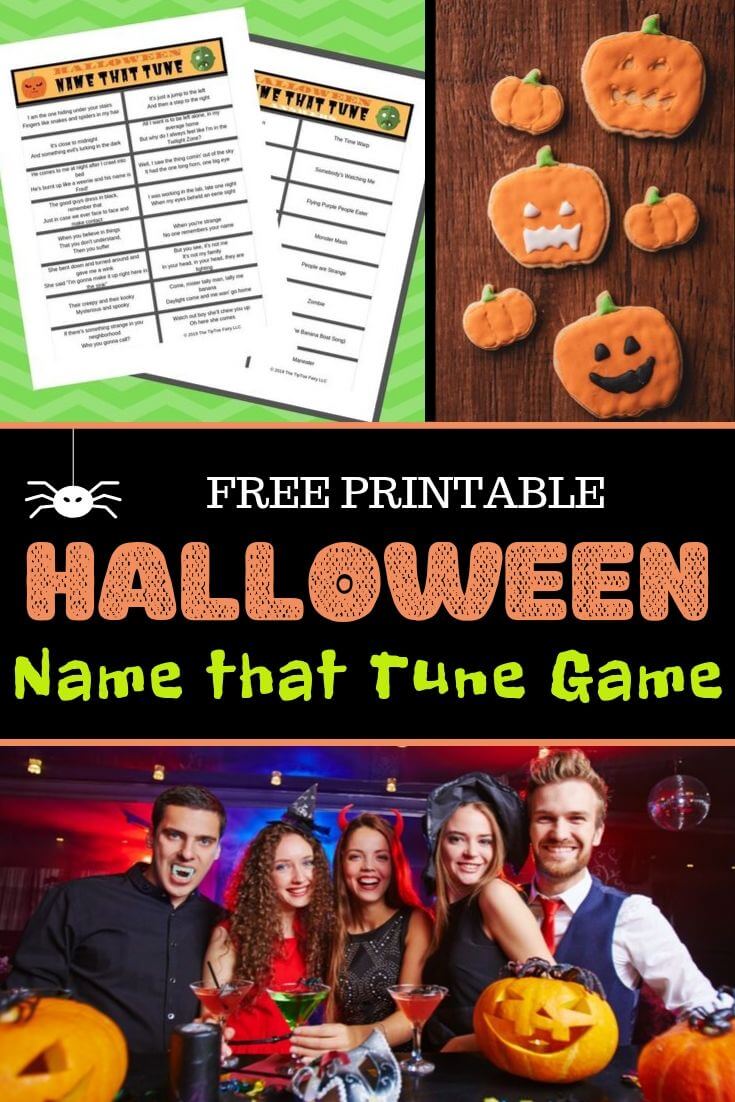 A collage for the Free Printable Halloween Name that Tune Game