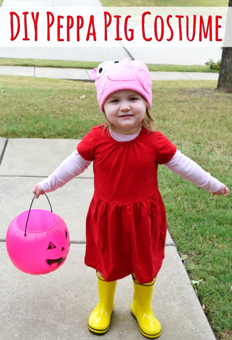 Full size view of a DIY Peppa Pig Costume with DIY Peppa Pig Fleece Hat.