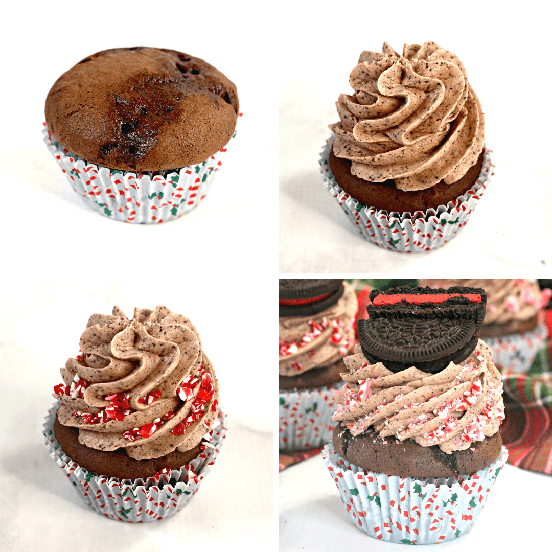 A collage of images showing how to decorate these Candy Cane OREO Cupcakes.