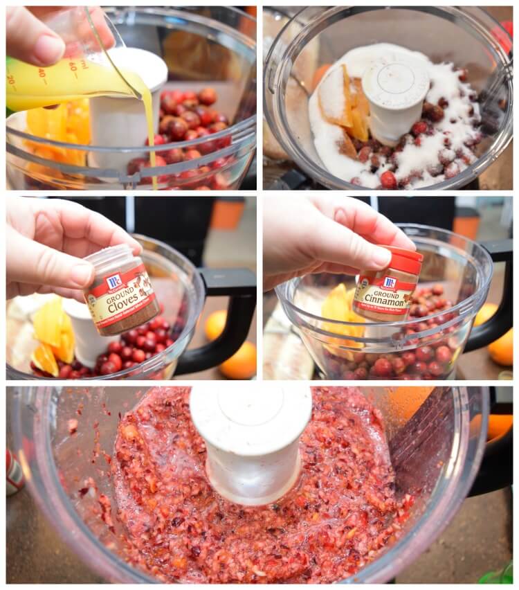 A collage with how to make the cranberry orange relish in the food processor.