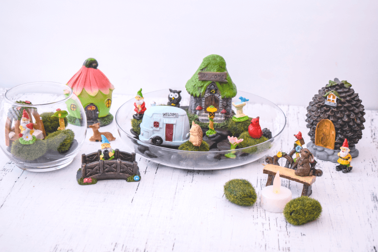 A full view of a fairy garden play set from the Dollar Tree.