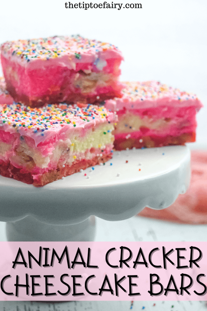 Title image with close up of three Animal Cracker Cheesecake Bars on a white cake plate. 