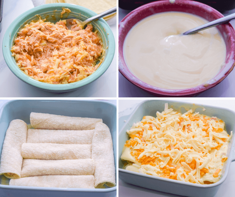 A collage of images showing how to make the easiest chicken enchiladas.