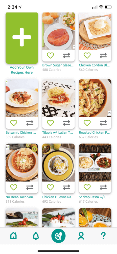 A screenshot of the recipes available on The Dinnerhub
