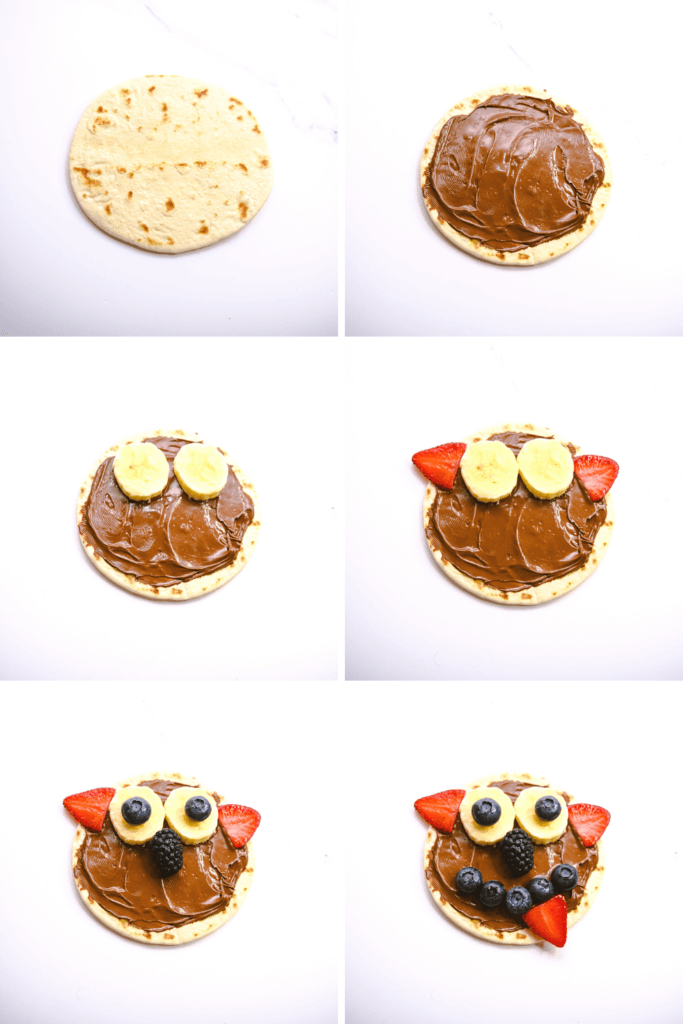 How to make a Funny Face Mini Fruit Pizza - six photos in a collage. 