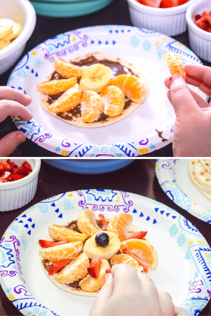 Making mini fruit pizzas with clementine slices and bananas. 