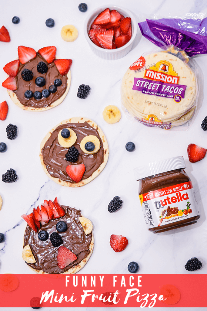 A flat layout of three funny face fruit pizzas with Nutella and Mission Street taco flour tortillas. 