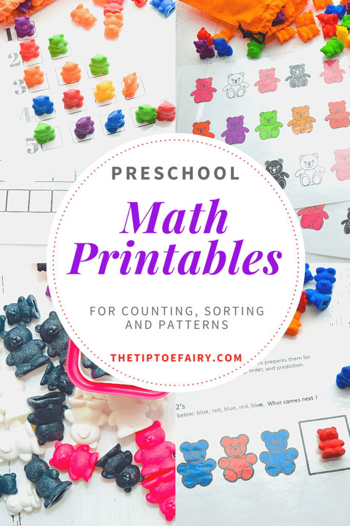 Get these free math printables to teach counting, sorting, and patterns for preschoolers. 