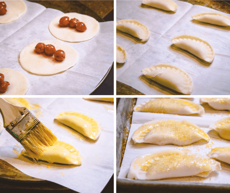 A collage of images of how to make mini tart cherry hand pies.