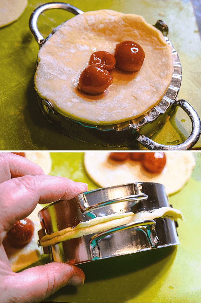 A collage of photos showing how to fold over the tart cherry hand pies and pressing them closed. 