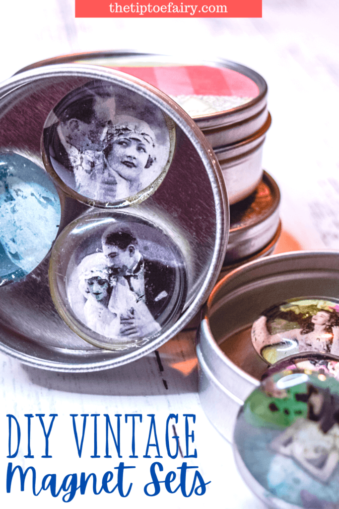 A close up image of the magnet sets to make with vintage images for DIY Magnets. 