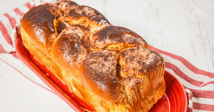 Hand braided brioche bread turned into cinnamon toast pull apart bread on a red platter