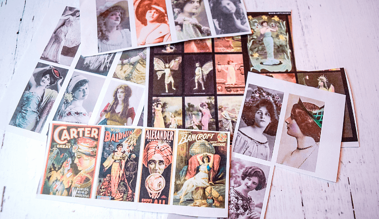 A pile of various vintage images to make DIY Magnets. 