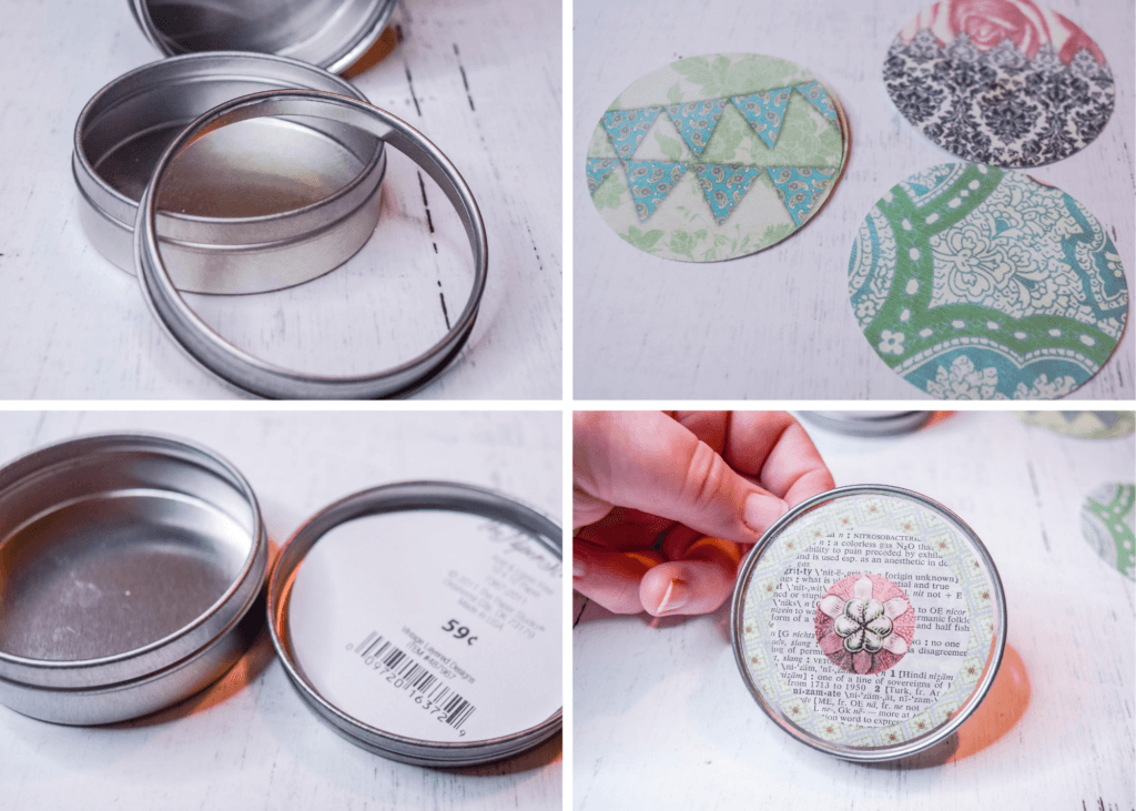 A collage of photos showing how to add the colored scrapbook paper to the lid of the clear-lidded containers. 