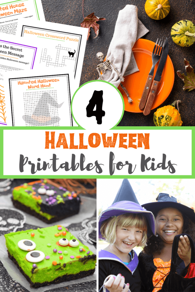Collage image with the Kids Halloween Printable Games, some Halloween cheesecake squares, and two little witch girls. 