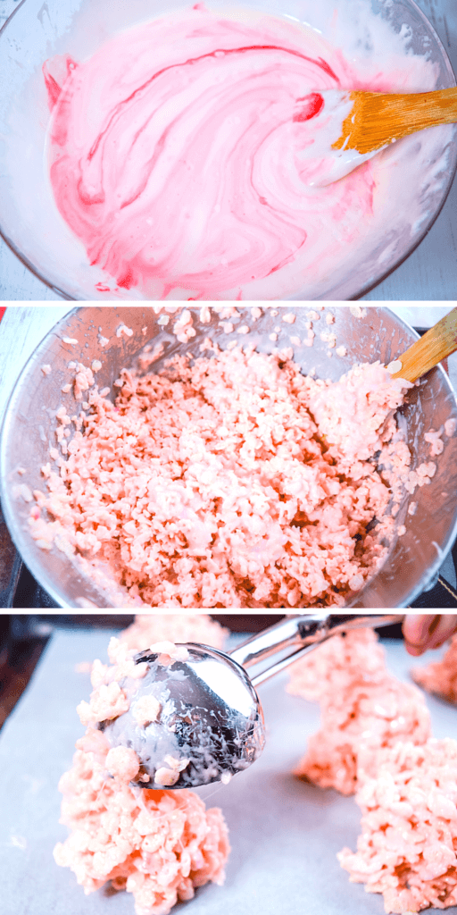 A collage of three images.  Mixing the red food coloring into the marshmallow goo.  Mixing the marshmallow good and Rice Krispies, and scooping the Rice Krispies to make brains.