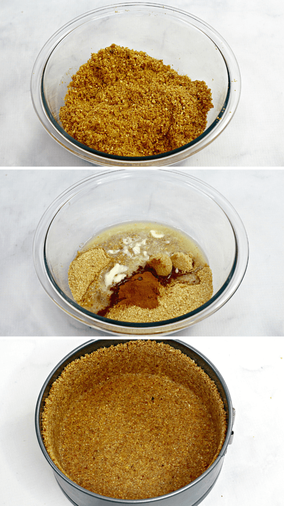 Collage images showing how to make the cheesecake crust. 