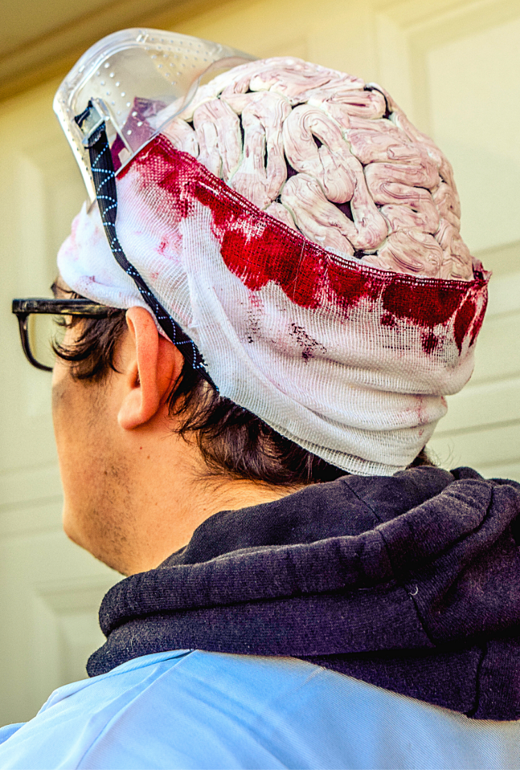The back view of a bloody brain cap for a DIY Mad Scientist Costume