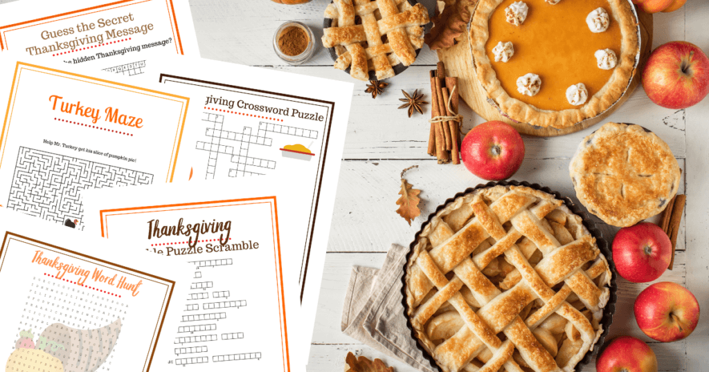 A background with pies and the Kids Thanksgiving Printable Games