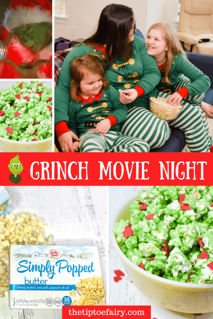 Grinch Movie Night collage photos with delicious Grinch Popcorn!