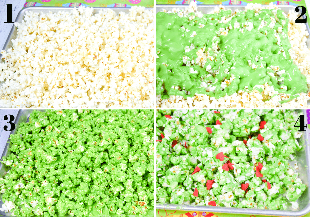 A collage of photos to make Grinch Popcorn.