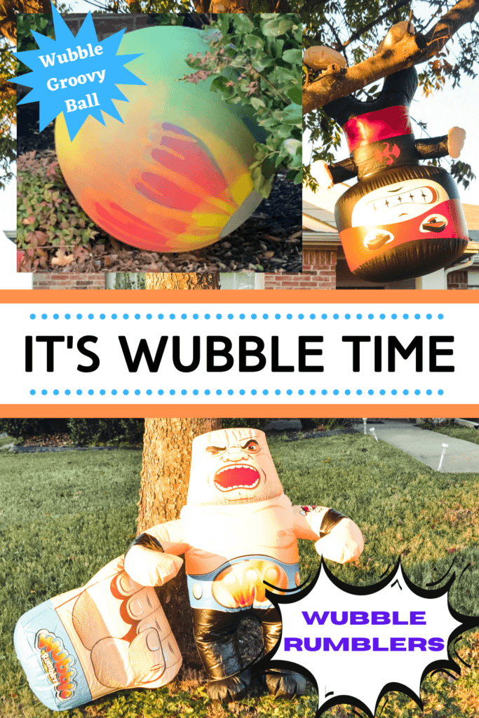 Title image for the Wubble Rumblers and Wubble Groovy Ball with the Air Ninja in a tree and the Wrestler and Wrestler Fist in front of the tree.