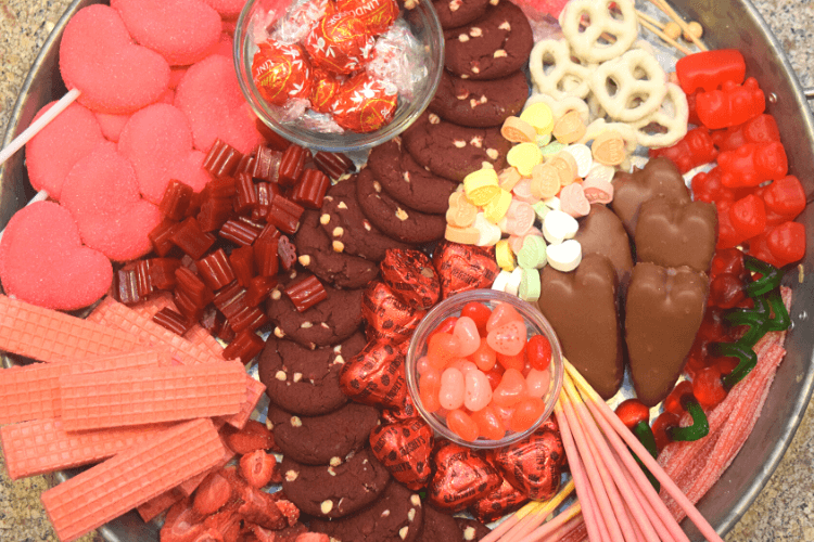 Extreme close up of Sweets Charcuterie Tray for Valentine's Day