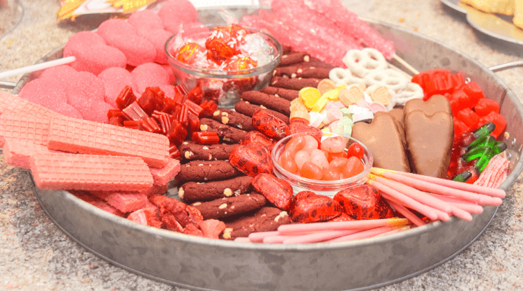 A candy filled Sweets Charcuterie Board for Valentine's Day