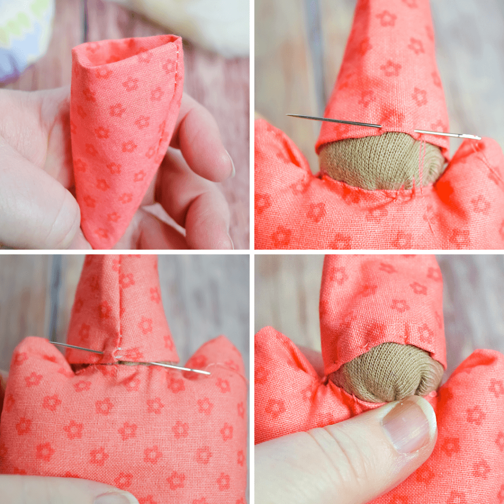 Sewing the hat on the tiny doll