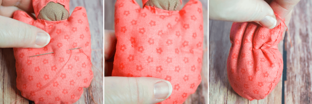 collage of sewing the waist for the tiny cloth pocket doll