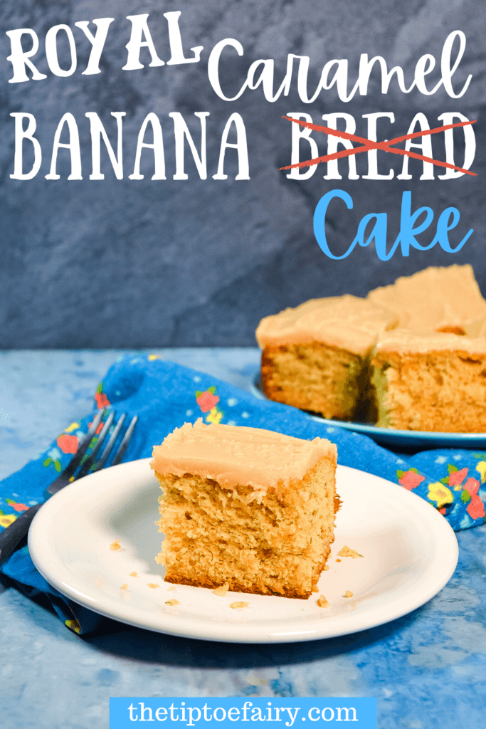 Title image with a center square of royal caramel banana bread on a white plate on top of a blue towel with flowers with a blue plate of more bars of banana caramel bread. 