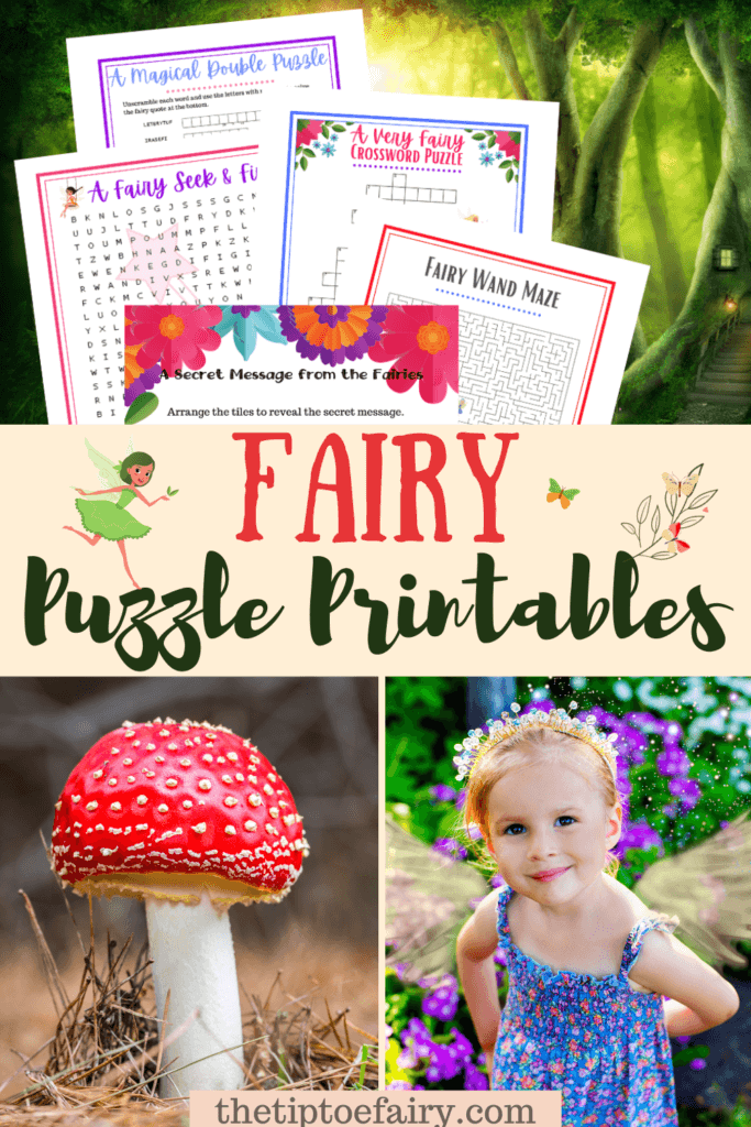 title image for the free kids fairy printable puzzles with a collage image of the printables, a red mushroom, and a little girl with a fairy crown. 
