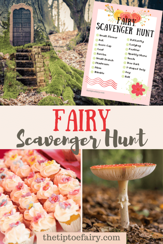 Collage image of a fairy door on a tree and the fairy scavenger hunt with a mushroom and cupcakes
