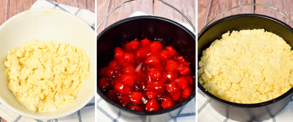 Collage of 3 images to show how to make the 3-Ingredient Strawberry Cobbler in the Air Fryer