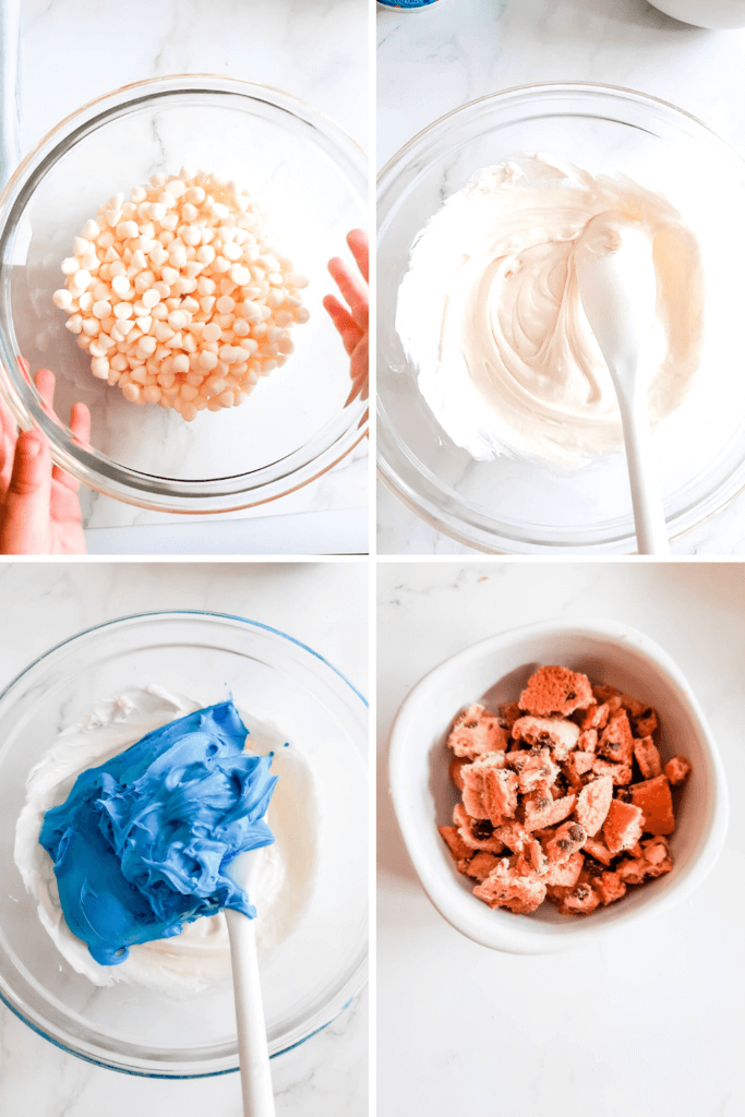 Collage images to melt the white chocolate chips and add the blue frosting to the Cookie Monster Fudge. 