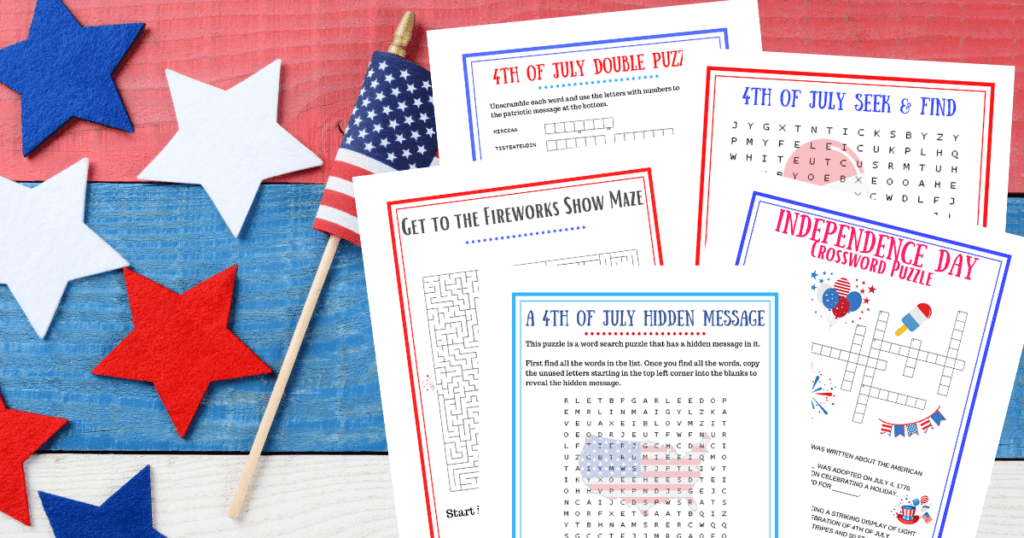 Red, White, and Blue wood backdrop with the free kids printable 4th of july puzzle games