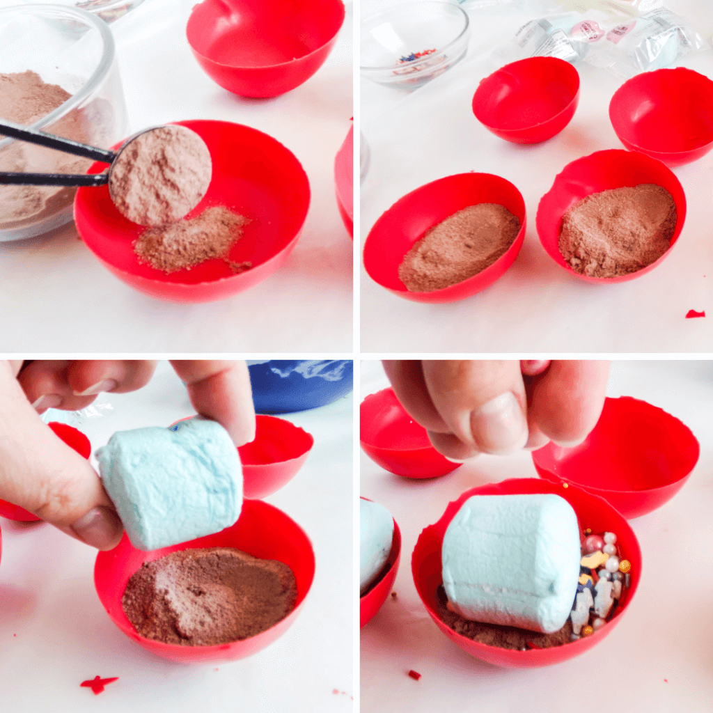 Filling the hot cocoa bombs with cocoa, marshmallows, and sprinkles.