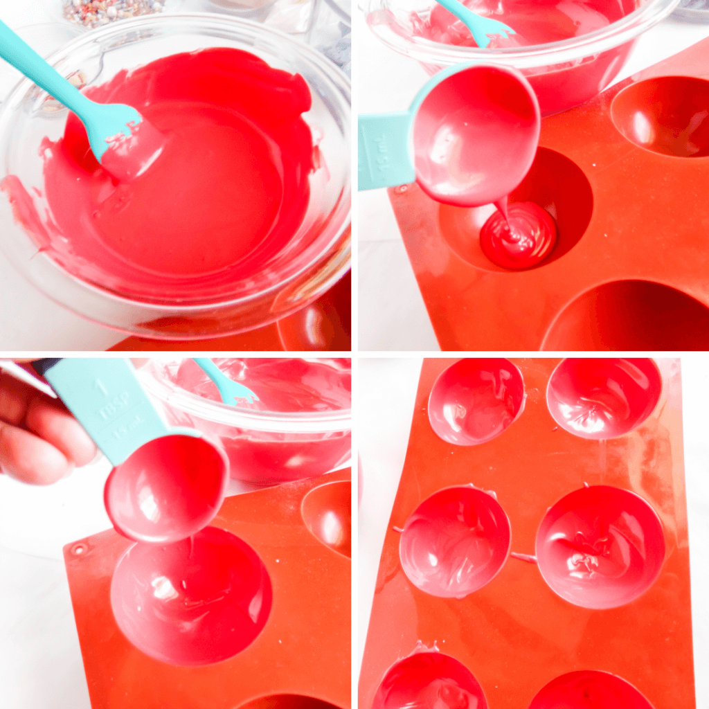 How to melt the red candy melts and add them to the molds. 