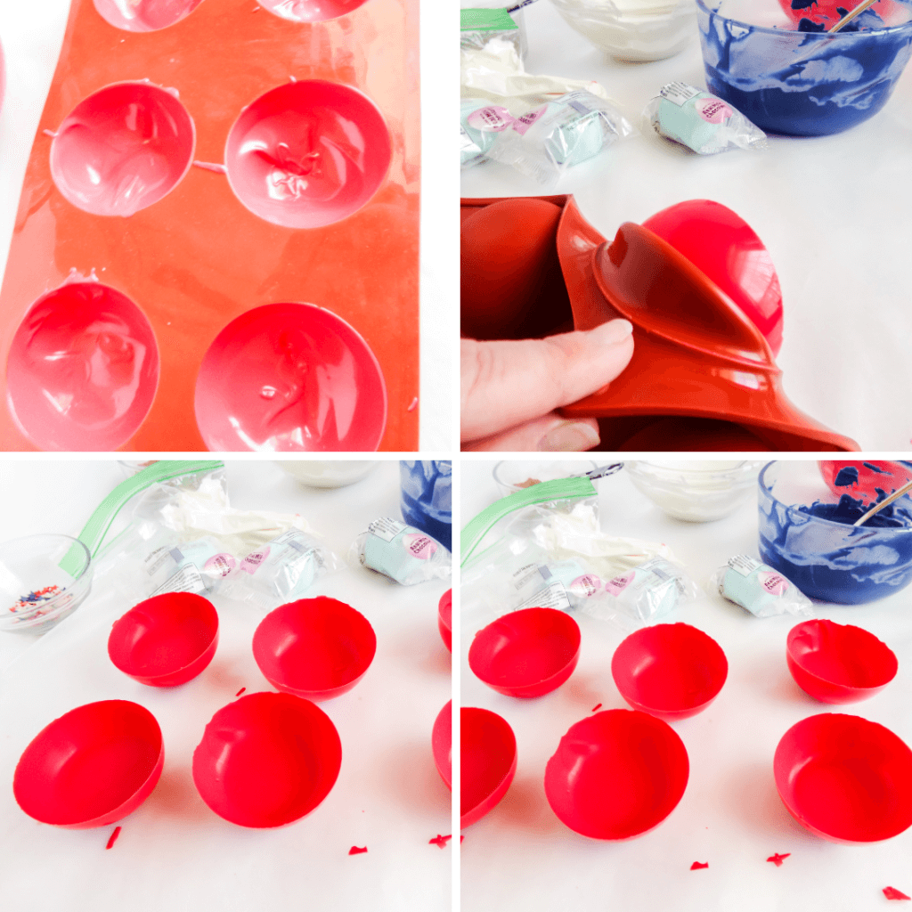 Popping the half spheres of candy melts out of the molds