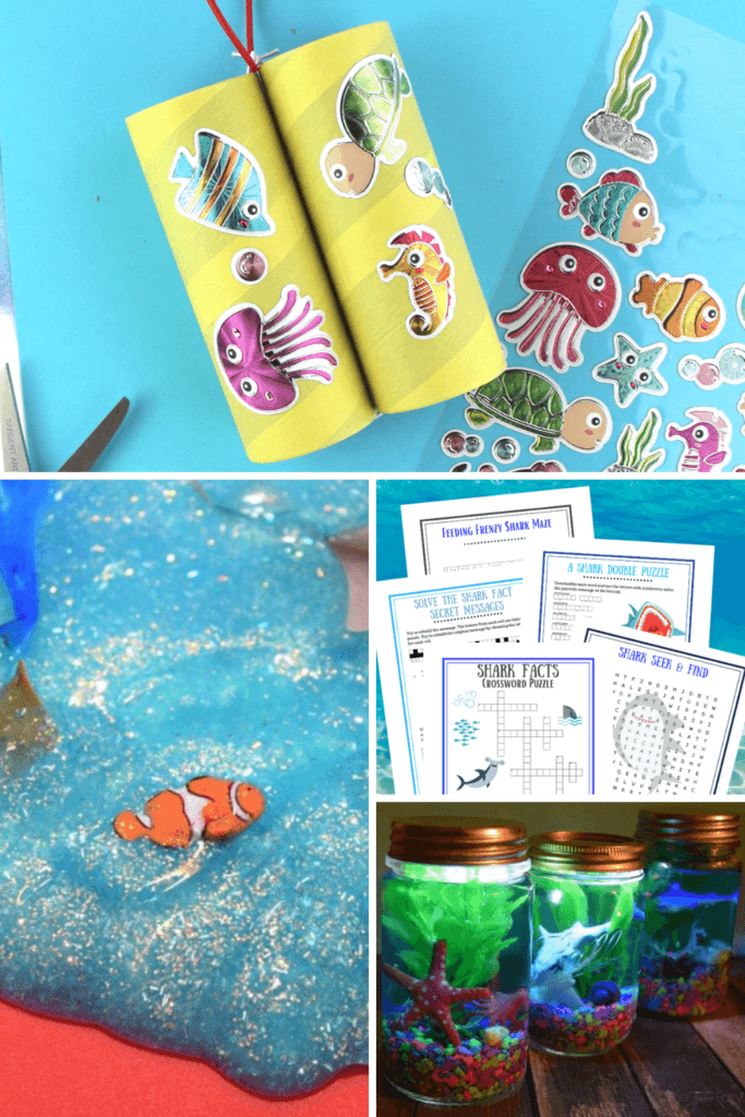 A collage of shark activities - sea life slime, light up aquarium jars, shark activity puzzles, and DIY binoculars
