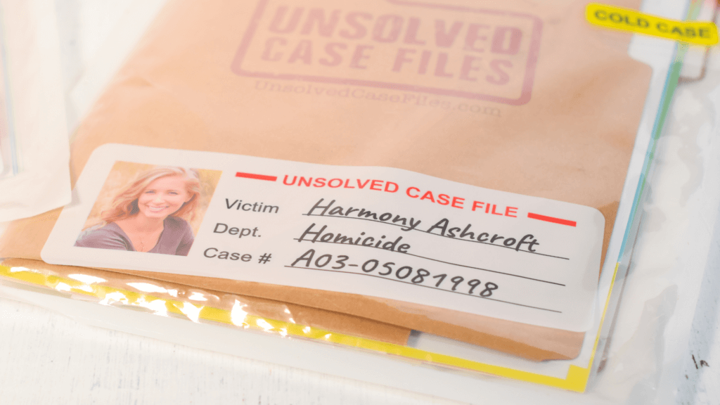 Close up image of the Harmony Ashcroft case file from Unsolved Case Files Games
