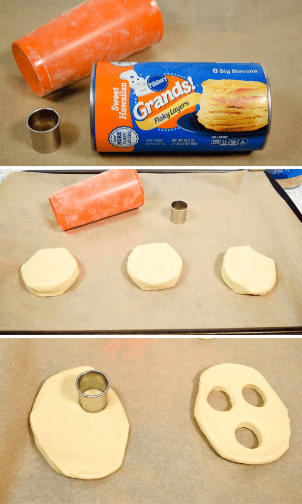 Collage image showing how to roll out and cut the biscuits into screaming donuts. 