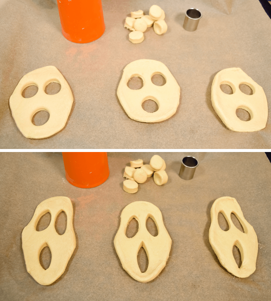 Second collage of images showing how to cut the biscuits eyes and mouth and elongate them to look like screaming donuts. 