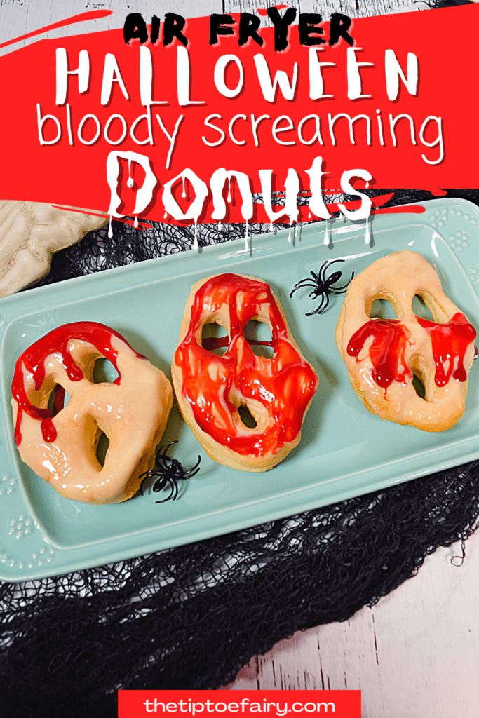 Title image with three bloody screaming donuts on a light blue platter with spiders. 