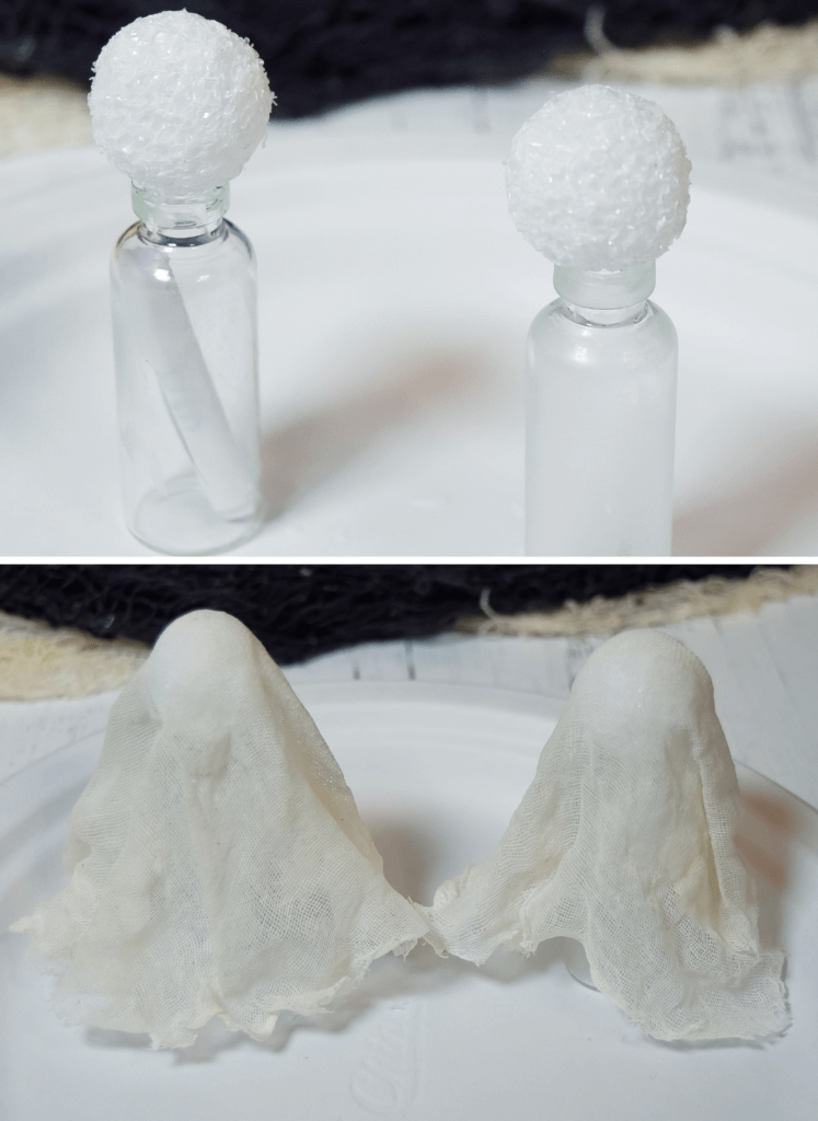 The armature of a glass bottle with a styrofoam ball glued on top. Two cheesecloth ghosts on a paper plate, drying on an armature