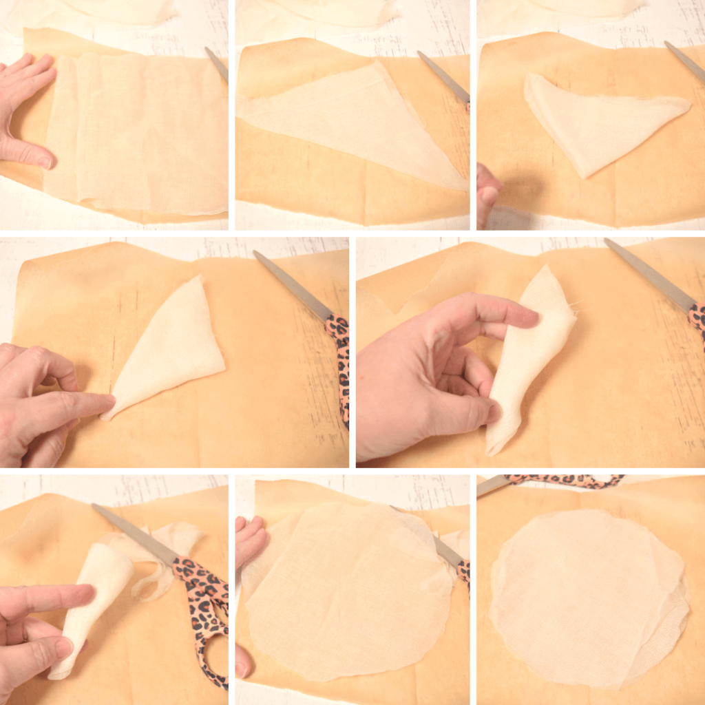 Collage of images showing how to fold and cut a piece of cheesecloth for a ghost.