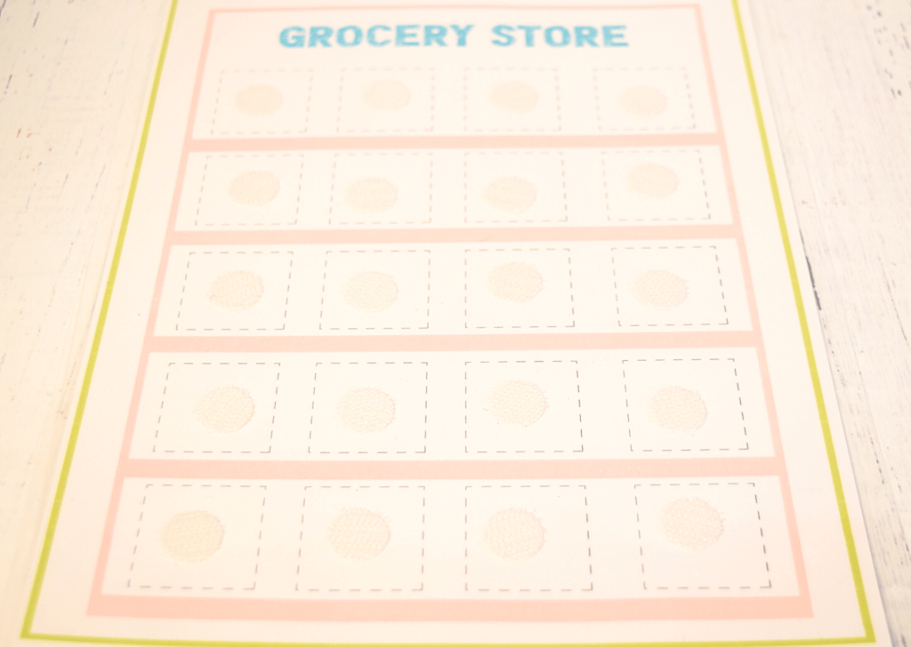 Grocery Store Game shelves with sticky velcro dots.
