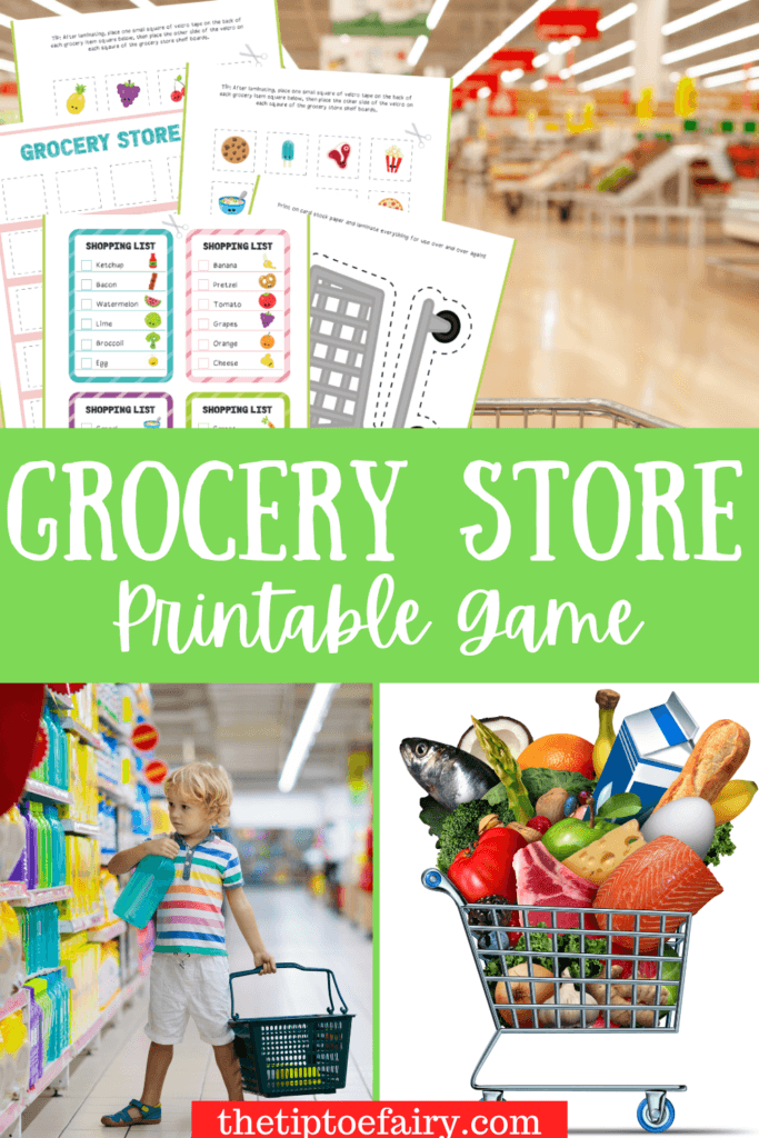 Title image for Preschool Grocery Store Printable game with grocery cart and kids grocery shopping