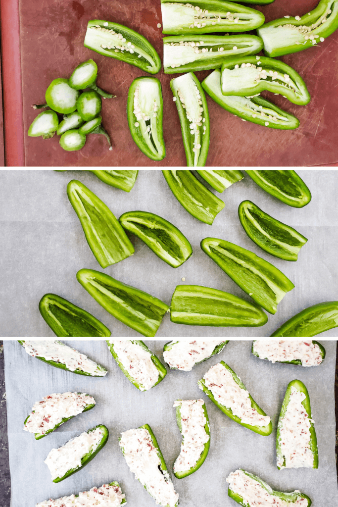 Collage of images showing cutting and removing the seeds of the jalapenos and filling with cream cheese. 