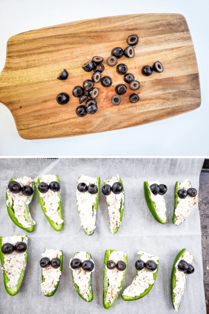 Slicing olives and adding them as "eyes" to the mummy bacon jalapeno poppers